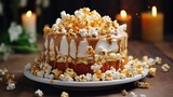  a cake sitting on top of a white plate covered in marshmallows and caramel drizzle.