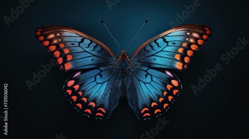  a close up of a butterfly with orange and blue spots on it's wings, on a black background.
