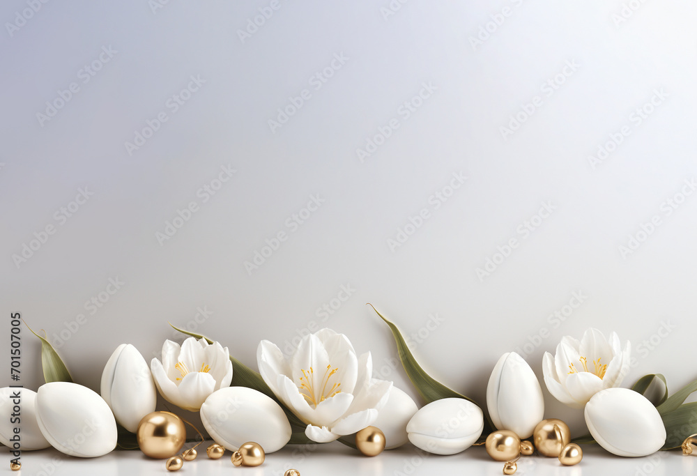 White and gold easter eggs and tulips on beige background with copy space. Mockup for congratulations. Happy Easter concept White and gold easter eggs and tulips on beige background with copy space. Mockup for congratulations. Happy Easter concept