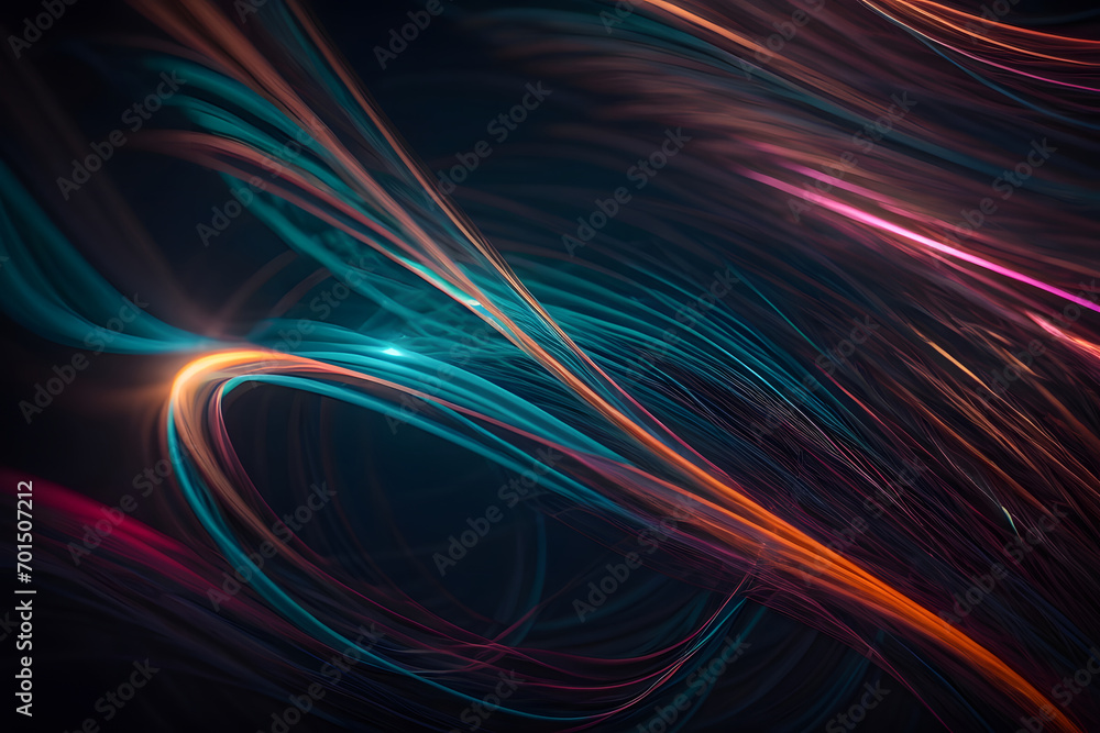 Abstract colorful twisted lines on dark background, computer generated abstract background. Generative AI