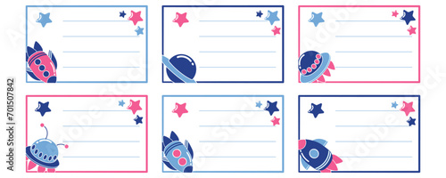 Set of notebook name stickers with space elements: spaceship, planet, rocket, stars. Vector illustration for school supplies.