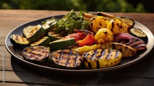  a plate full of grilled vegetables sitting on a wooden table next to a bottle of wine and a glass of wine.