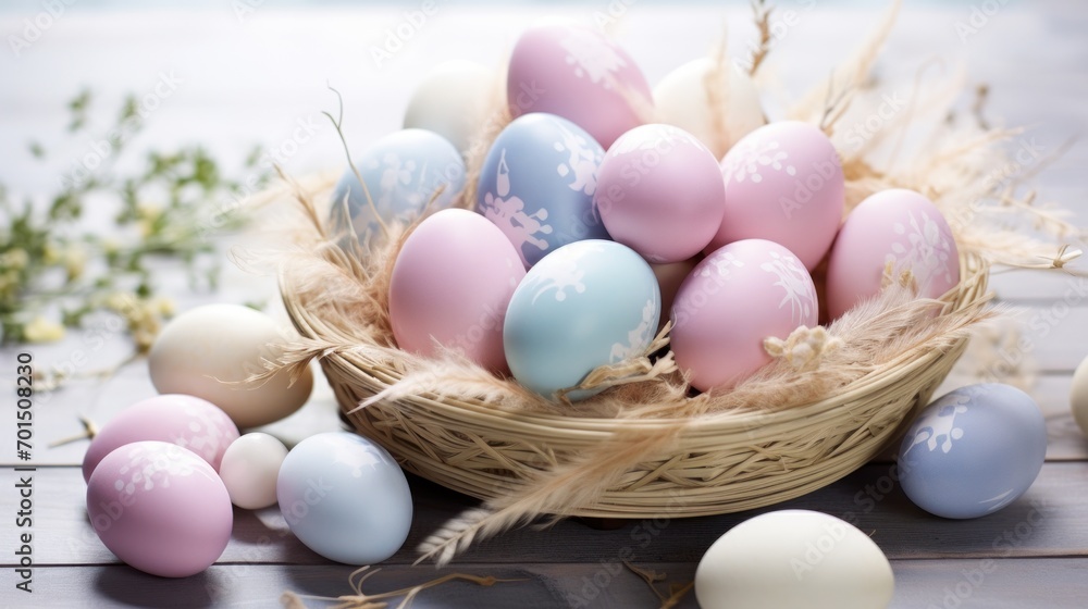 a basket filled with pastel colored eggs sitting on top of a wooden table next to a sprig of grass. a basket filled with pastel colored eggs sitting on top of a wooden table next to a sprig of grass.
