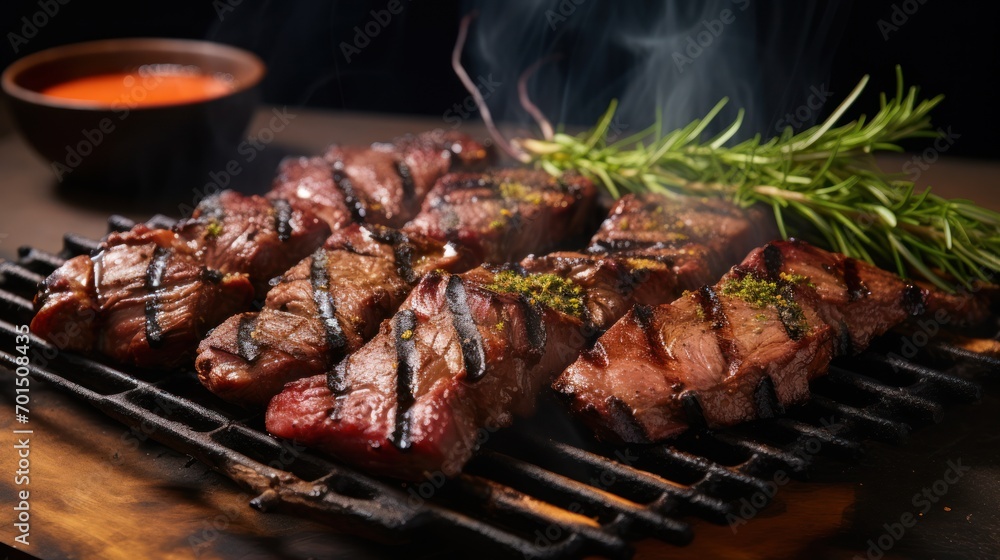  a close up of meat on a grill with a cup of sauce in a bowl in the background on a wooden table.