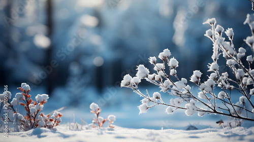 beautiful nature winter scene background with snowy pine tree branch at the edge, concept banner with copy space for vacation 
