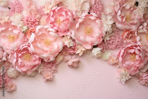 Radiant peonies set against a soft pink backdrop, forming an enchanting floral boundary, providing space for text insertion.