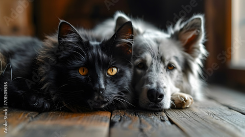Black cat and white dog lying together on the floor. Banner with pets on black background.