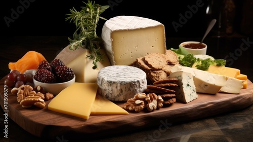  a variety of cheeses and crackers on a wooden platter with nuts, grapes, grapes, and grapes.