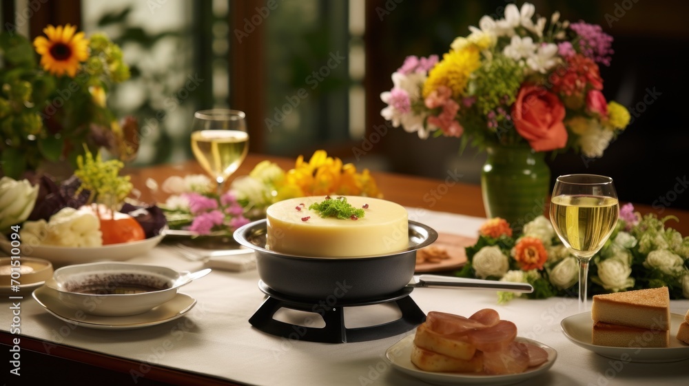  a table topped with plates of food next to a glass of wine and a vase of flowers on top of a table.