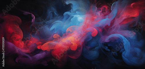 Radiant plumes of cobalt and ruby smoke intermingling, narrating a captivating tale with their vivid, intertwining streaks against a dark canvas.