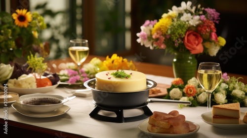  a table topped with plates of food next to a glass of wine and a vase of flowers on top of a table.
