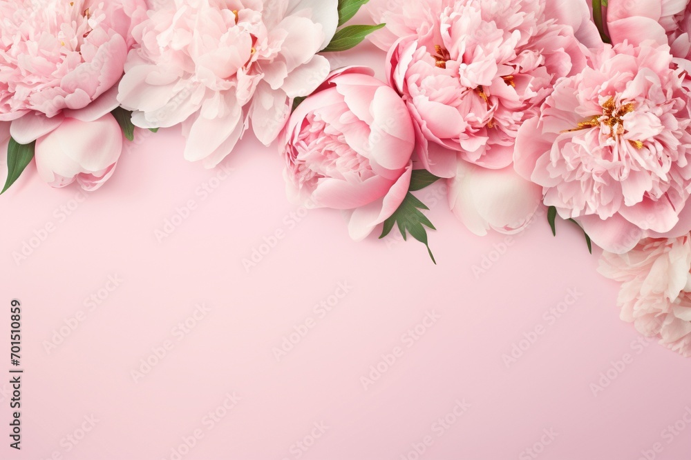 Soft-hued peonies gracefully arranged on a pastel pink background, crafting an abstract floral border, perfect for adding text.