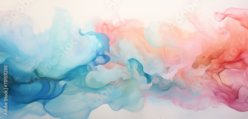 Spiraling clouds of ocean blue powder with hints of coral pink and lime green, creating a serene and captivating composition against a pure white background.