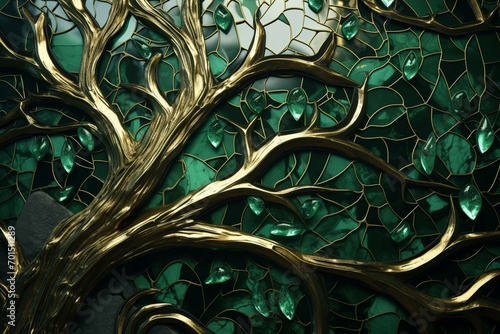 Glimmering jade and malachite motifs converge, crafting intricate 3D patterns in seamless glass texture, with an exotic, leafy-green tree nearby.