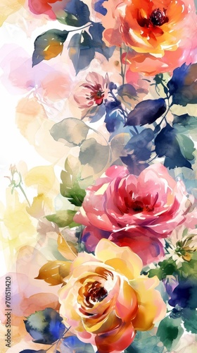 Watercolor floral pattern with a bright rainbow of colors. Bright and harmonious design