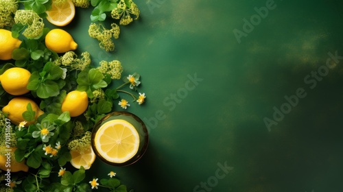  a bunch of lemons sitting on top of a table next to a bowl of broccoli and flowers. © Anna