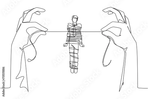 Single one line drawing businessman standing and tied by a rope held by 2 giant hands. Debt is increasing. No income. Business destroyed. Bankrupt. Failed. Continuous line design graphic illustration