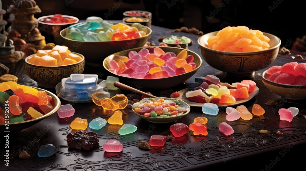  a table topped with bowls of gummy bears and bowls of other gummy bears and bowls of other gummy bears.