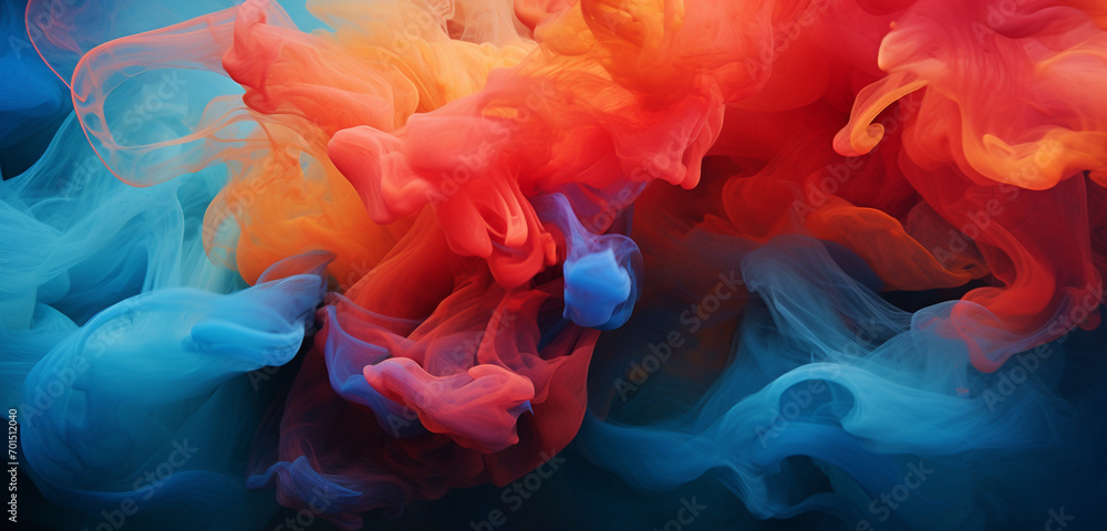 Swirling plumes of vermilion and cerulean smoke dispersing gracefully, creating a mesmerizing and colorful atmosphere.