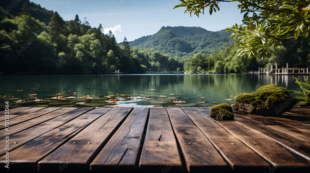 empty wooden at idyllic rainforest lake with product presentation space, beauty in nature concept with product display for travel, vacation, spa and environment - obrazy, fototapety, plakaty 