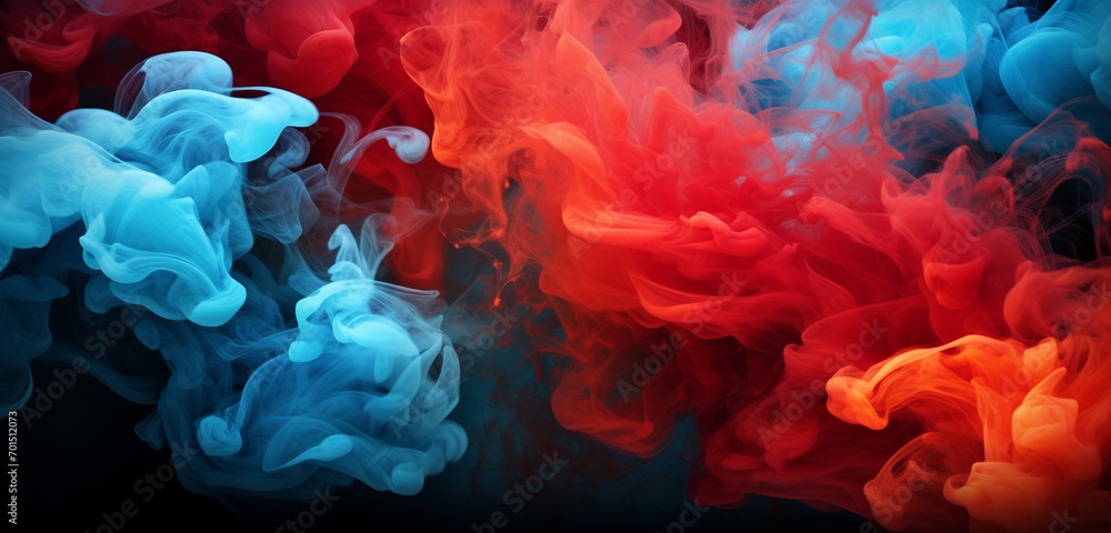 Swirling plumes of vermilion and azure smoke dispersing gracefully, creating a mesmerizing and colorful atmosphere.