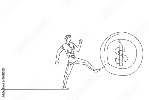 Single one line drawing businessman kicking a big coin with a dollar symbol. Throwing away an opportunity to get a chance. Indifferent to small profits. Continuous line design graphic illustration