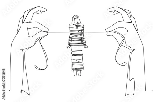 Continuous one line drawing Arab businessman standing and tied by rope held by 2 giant hands. Captured by criminals. Demanding ransom. Helpless. Detained. Single line draw design vector illustration