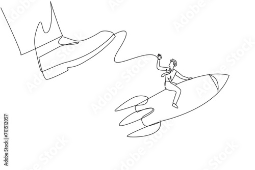 Single continuous line drawing businessman riding a rocket flies away from the giant foot. Redirection. The struggle to keep the business flying high. Profitable. One line design vector illustration