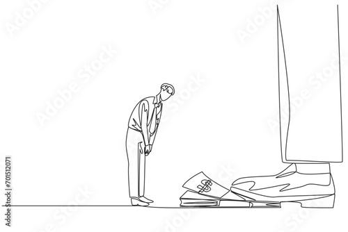 Single continuous line drawing businessman nodded in front of giant foot stepping on stack of banknotes. Request permission from investors to disburse reserve fund. One line design vector illustration