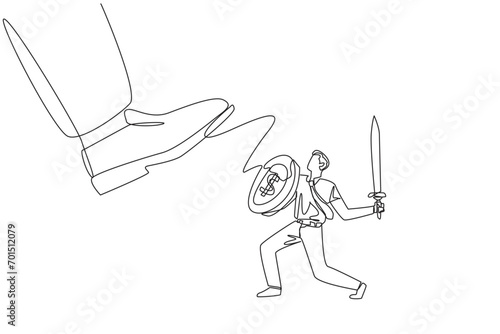 Continuous one line drawing businessman tries to ward off the giant foot that wants to step on him. Big investor destroy market prices. Preventive measure. Single line draw design vector illustration