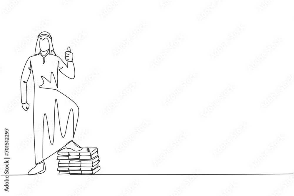 Single continuous line drawing Arabian businessman stands with thumbs up pose and steps on stack of banknotes with one of foot. Marvelous feeling. Multiple profits. One line design vector illustration