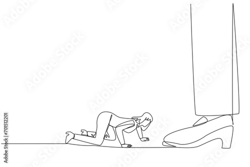 Single continuous line drawing businesswoman kneels and licks giant foot. Sacrificing self-esteem. Doing anything for profit. Make extra sacrifices for the team. One line design vector illustration