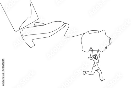 Single one line drawing businesswoman carrying piggy bank run away from giant foot. Taking investments must be trusted. The sovereigns prepare to destroy. Continuous line design graphic illustration