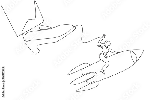 Continuous one line drawing businesswoman riding a rocket flies away from the giant foot. Redirection. Extra hard struggle to open a new business branch. Single line draw design vector illustration