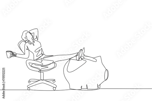 Continuous one line drawing businesswoman sitting relax in work chair holding mug. Foot resting on piggy bank. Fantasize about the importance of investing. Single line draw design vector illustration