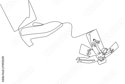 Continuous one line drawing businesswoman flying using banknote wings. Spread wings to expand business. Must be stable in business. Fly as high as the sky. Single line draw design vector illustration