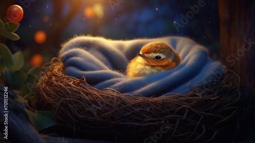  a painting of a baby bird sitting in a nest with a blue blanket on top of it s head.