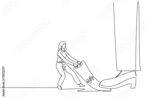 Continuous one line drawing businesswoman pulling banknotes that  stepped on by giant feet. The struggle to seize rights from unjust sovereigns. Sacrifice. Single line draw design vector illustration