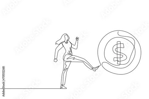 Single continuous line drawing businesswoman kicking big coin with a dollar symbol. Sacrificing small profits to open a new business. Gambling. Open opportunities. One line design vector illustration