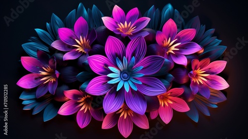 Symmetrical arrangement of neon-bright 3D flowers with space for your message. © Abdul