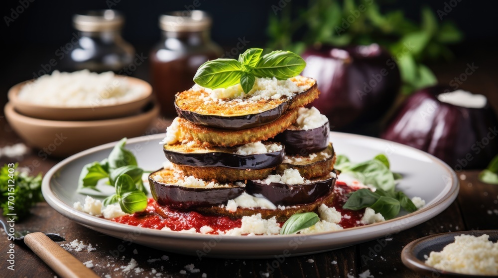  a white plate topped with eggplant covered in feta cheese and garnished with a green leaf.