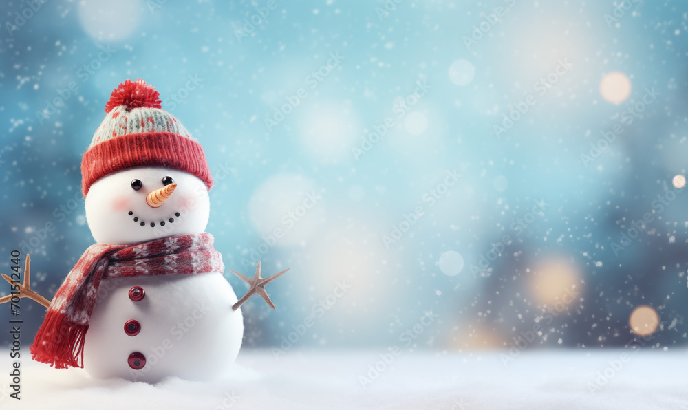Smiling snowman with hat and scarf. Winter bright background with copy space. Smiling snowman with hat and scarf. Winter bright background with copy space.