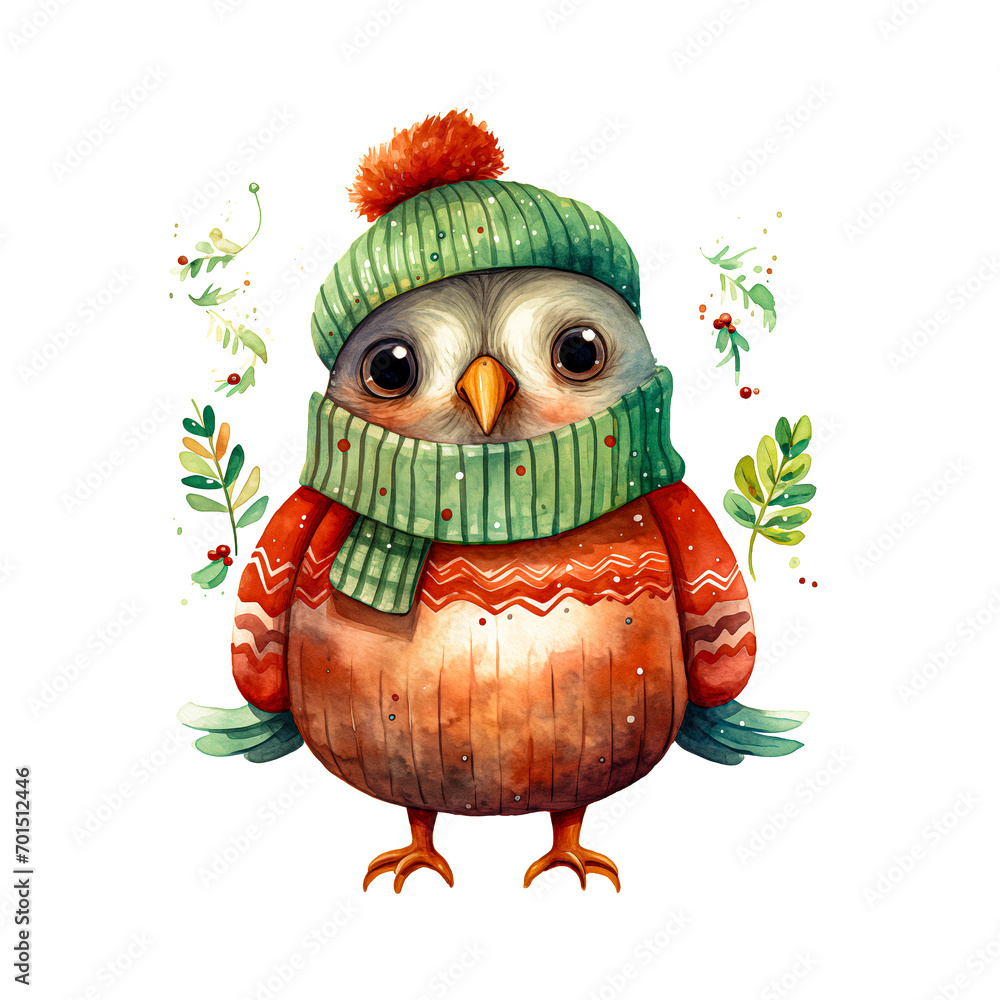 Cute little bird wearing a sweater with Christmas green and red motifs watercolor paint Cute little bird wearing a sweater with Christmas green and red motifs watercolor paint