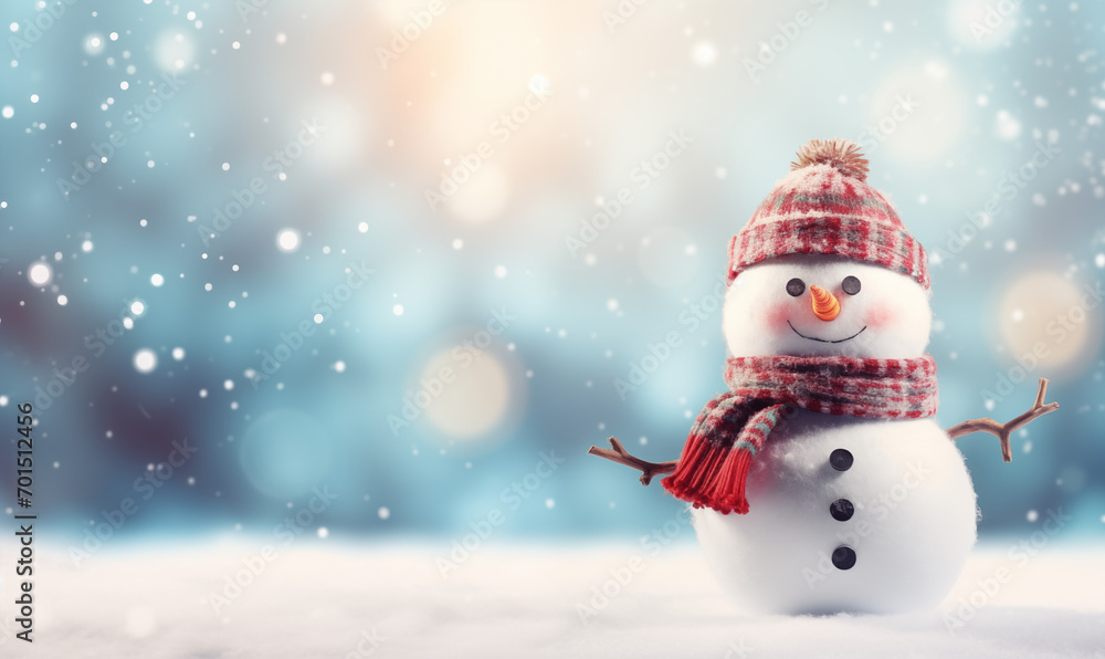 Smiling snowman with hat and scarf. Winter bright background with copy space.