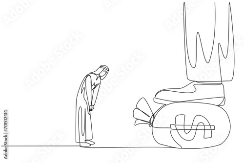 Continuous one line drawing Arabian businessman nodded in front of the giant foot stepping on the money bag. Give orders to make large profits. Obedient. Single line draw design vector illustration