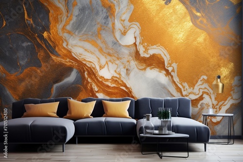 Glowing with elegance, a golden resin geode reveals an abstract marble wallpaper, a luxurious addition for elevating the ambiance of wall decor.