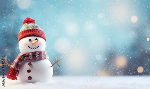 Smiling snowman with hat and scarf. Winter bright background with copy space. © hunter76