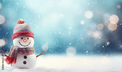 Smiling snowman with hat and scarf. Winter bright background with copy space.