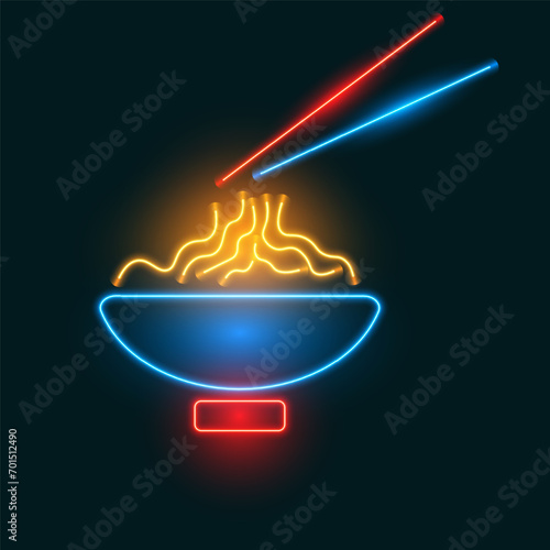 Ramen noodles in bowl and chopsticks, neon sign, vector illustration.