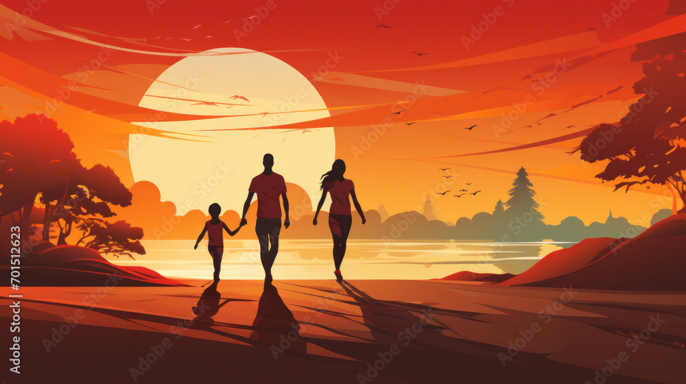 Silhouettes of a family against a dramatic sunset over a tranquil lake celebrate World Health Day. The image is a testament to the beauty of healthy environments and family connections.